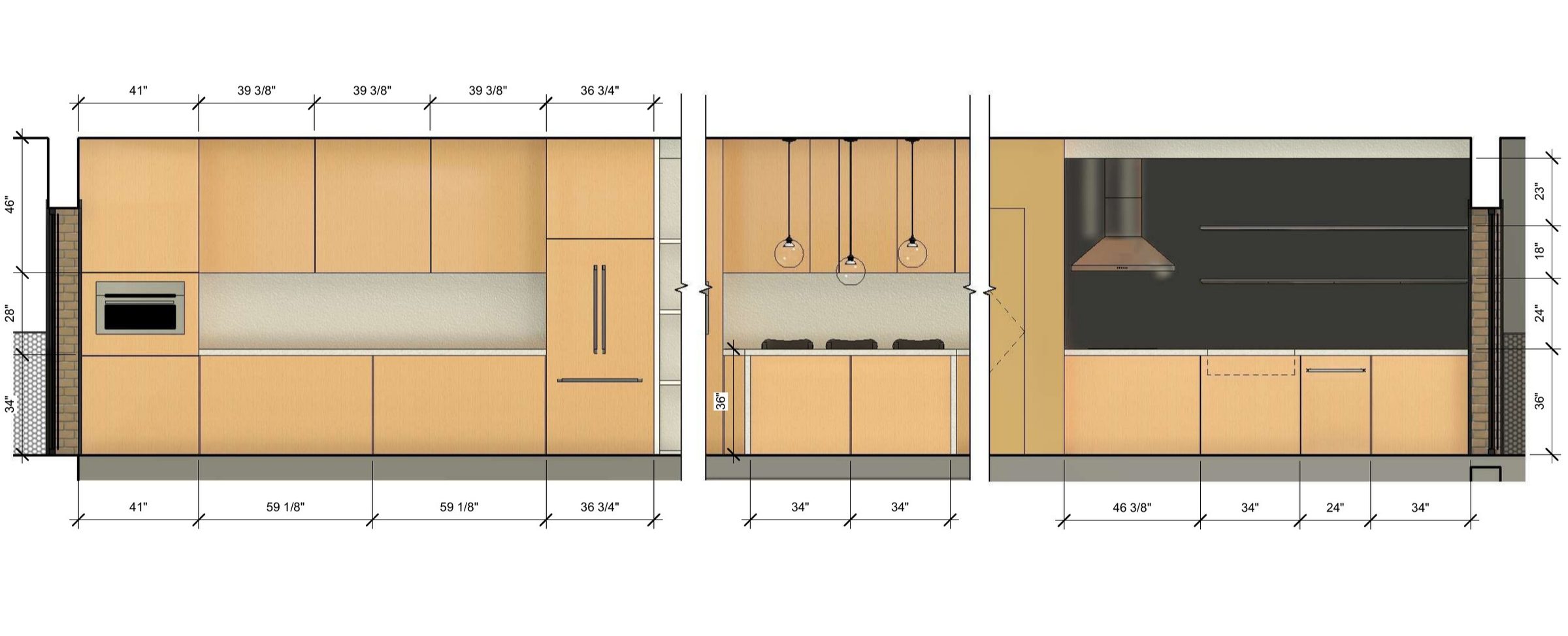 Kitchen cabinet elevations: refrigerator wall, island bar, a
